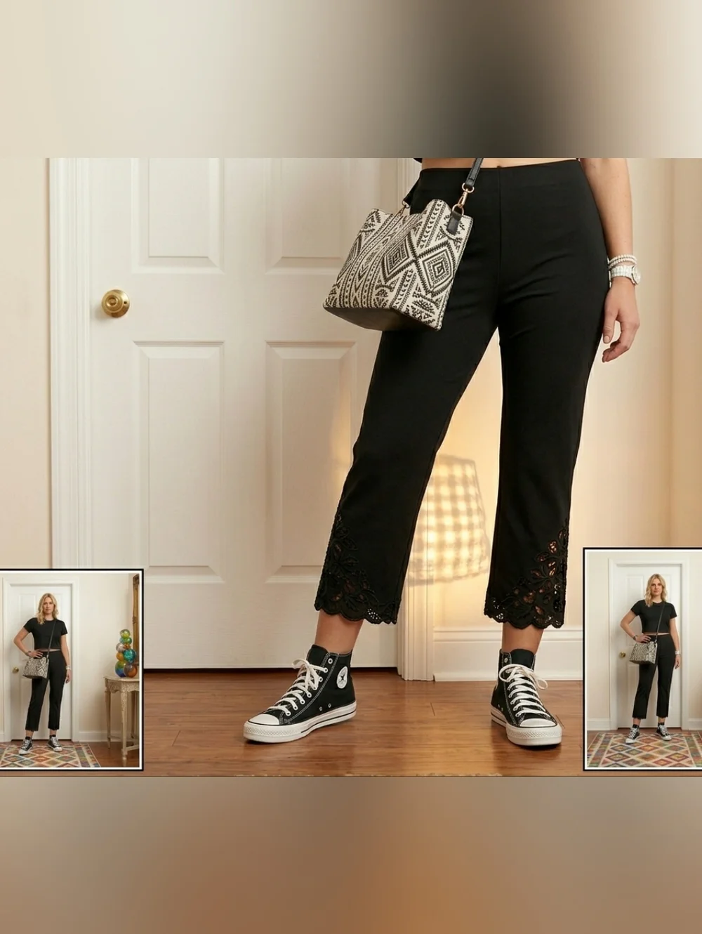 INC International Concepts Black Lace Hem Pull On Capri Pants Eyelet Ankle 6